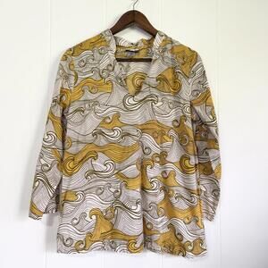 Manuheali’i Yellow Wave Hawaiian Print 3/4 Sleeve Blouse Top Women's Medium